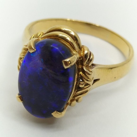 Cosmic Australian Black Opal Blue Ring 18K Gold Lightning Ridge Vintage 7 7/8 - Picture 10 of 13